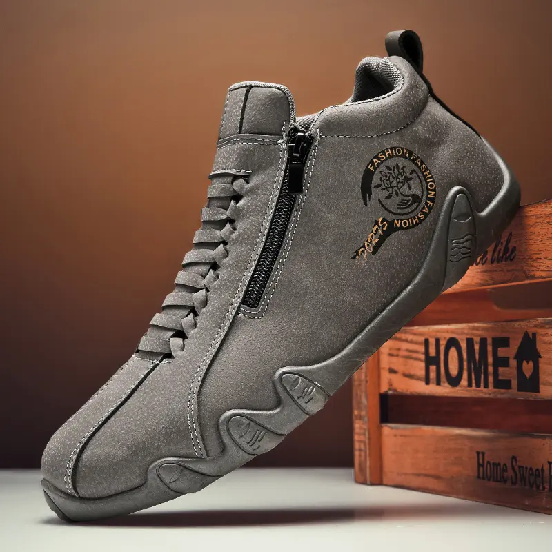 Men's Retro Classic Mid-Top Casual Trainers, Fashion Footwear with Solid Color PU Upper, Fabric Lining, PVC Sole, Round Toe, Zipper, Closed Design for Athletic Sports & All Seasons, Men's Shoes, Classics