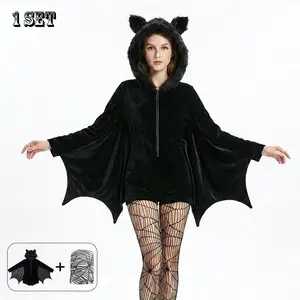 Funny Bat Wings Hooded Prop Set, Includes Spider Web Socks, Velvet Zipper Cape, Adult Carnival Costume, Animal Costume, Halloween Party Supplies, Clothes