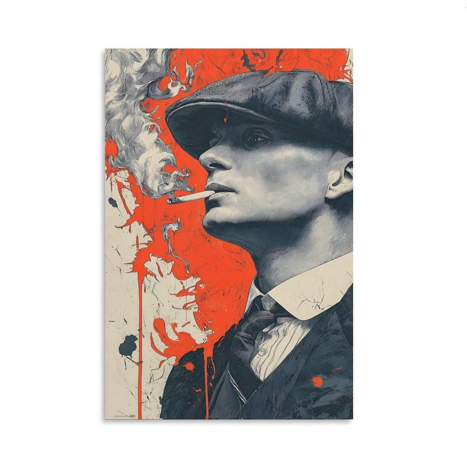 Peaky Blinders Tommy Shelby Character-Based Canvas Wall Print - Artistic Red Splash Ink Engraved Detailed Sketch, British Drama Vintage Gangster Decor for Man Cave, Room, Bar