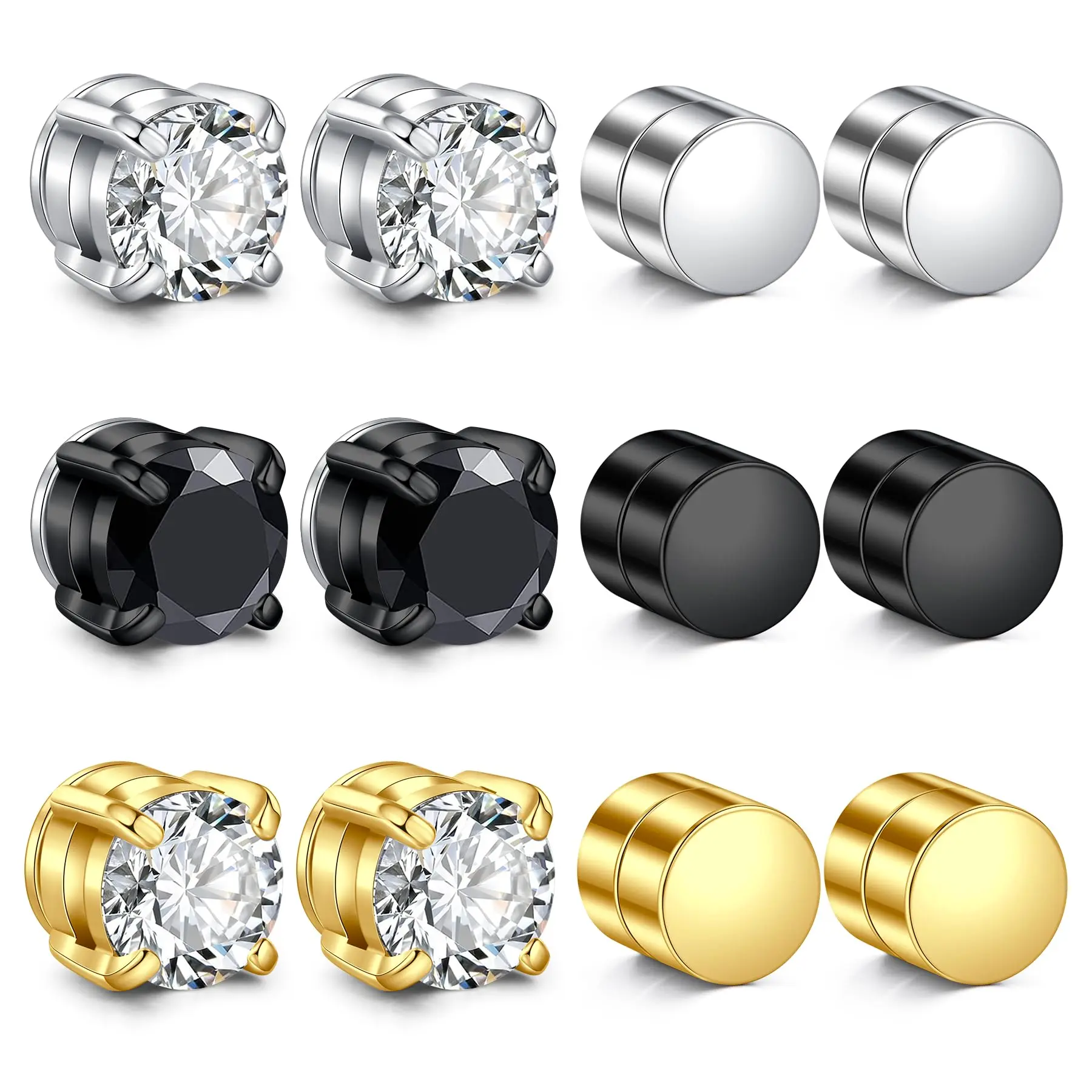 2 Pairs Magnetic Stud Earrings for Men Women, 6- 8mm Round Cubic Zirconia Non Piercing Fake Earrings, Hypoallergenic Stainless Steel No Pierced Ear Jewelry