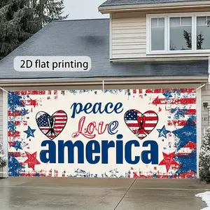 American Flag Heart Pattern Garage Door Curtain, Patriotic Home Decor, Creative Personalized Door Cover, Outdoor Sunshade Curtains