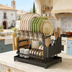 Dish drain storage rack, Dish drying rack, Dish racks, removable design with water tray, with multi-functional storage area, black classic versatile, suitable for countertop sink, easily organize kitchen tableware