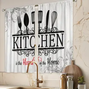 Stylish Kitchen Curtains for a Farmhouse Look - Featuring Black And White Colors with Playful Sayings, a Design of Wooden Utensils, And a Rod Pocket Style Suitable for Home Decoration in The Kitchen, Café, Office, Living Room, Bedroom ruffle boho space