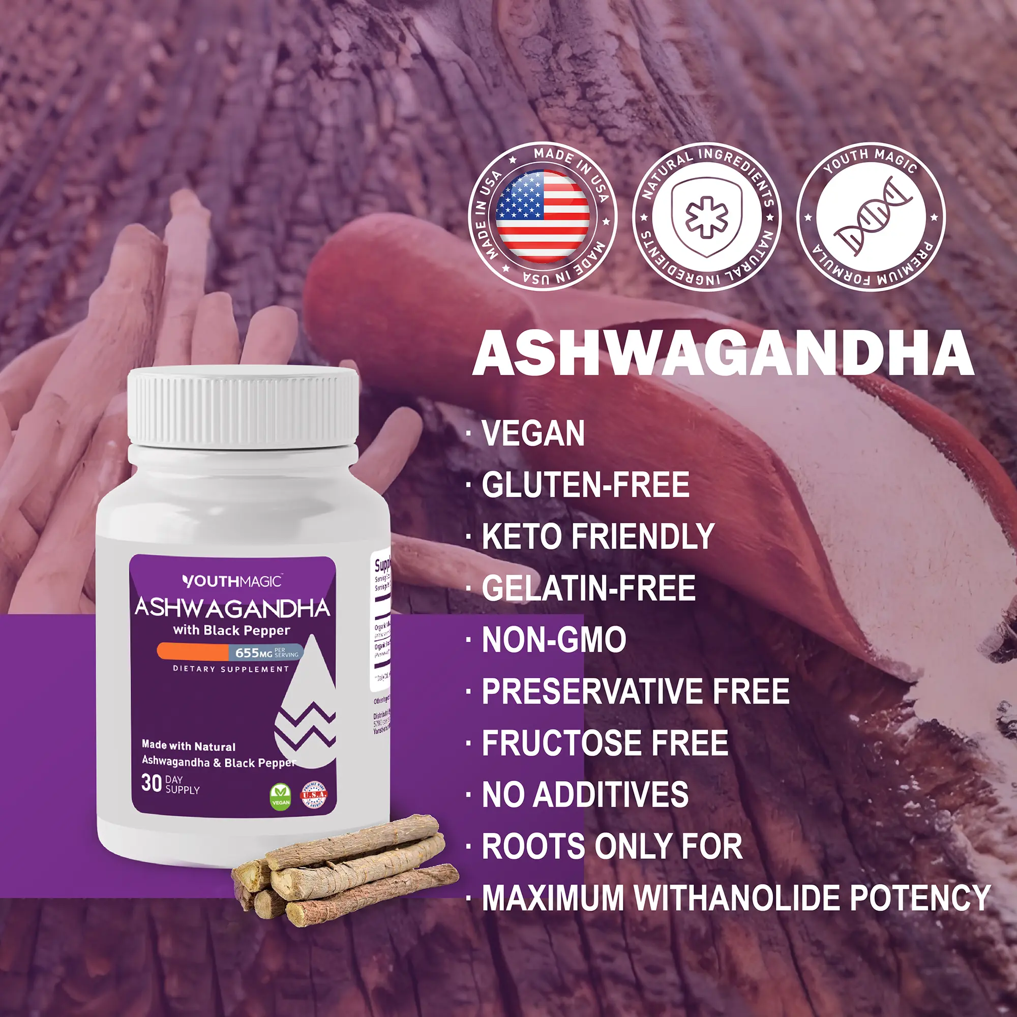 YouthMagic Ashwagandha with black pepper, vegetarian to provide super stress and emotional support Healthcare -30 Servings-USA Manufacturer -Healthcare,non GMO,Organic Health Edible Fitness