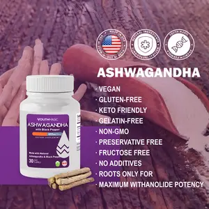 YouthMagic Ashwagandha with black pepper, vegetarian to provide super stress and emotional support Healthcare -30 Servings-USA Manufacturer -Healthcare,non GMO,Organic Health Edible Fitness