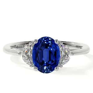 Three Stone Oval Untreated Blue Sapphire Ring with Prong Set Half Moon Side Diamonds (1.30cttw)- RBS007-7X5-AAAAA