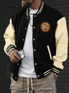 Men's American Style Fleece Baseball Jacket - Tiger Print Street Fashion, Comfortable Stretch Fabric, Kangaroo Pockets, Button Details -   Black Casual Menswear Coats Tops Crewneck Long Sleeve