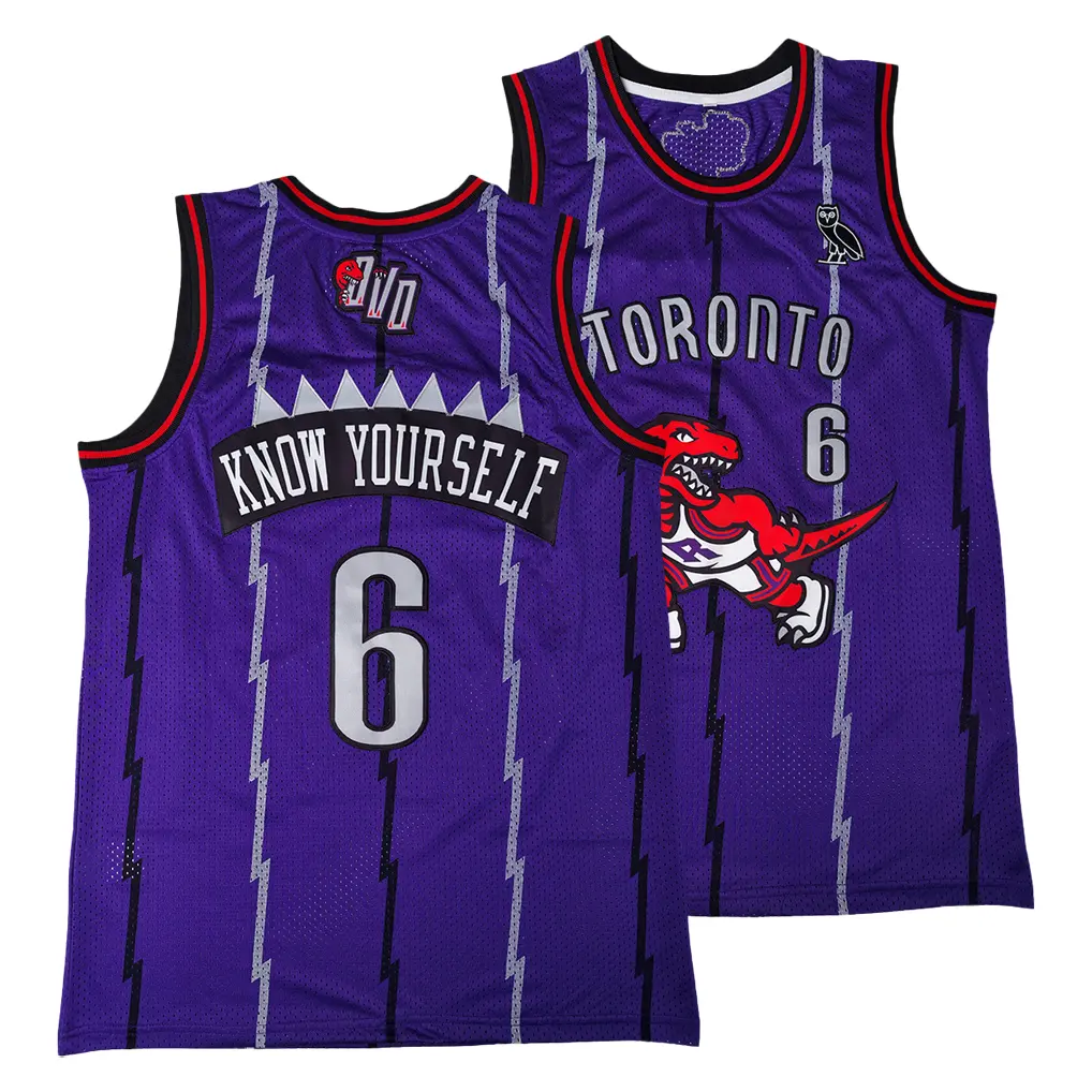 Men’s OVO #6 Purple Basketball Jersey, Loose Sleeveless Crew Neck Tank Top with Dinosaur Cartoon Embroidery, Fan Gift