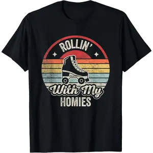 100% Cotton Retro Vintage Rollin With My Homies Roller Skating T-Shirt