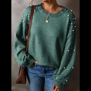 Women's Knitted Sweater Coat with Pearl Decoration, Loose Round Neck Elegant Casual Pullover for Autumn Winter Fashion Fabric Womenswear