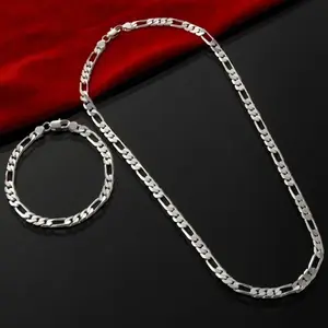 Men's Link Bracelets Necklace Set Silver Color 4MM Chain Bracelet Jewelry Set Lady Christma Gifts Charms Wedding