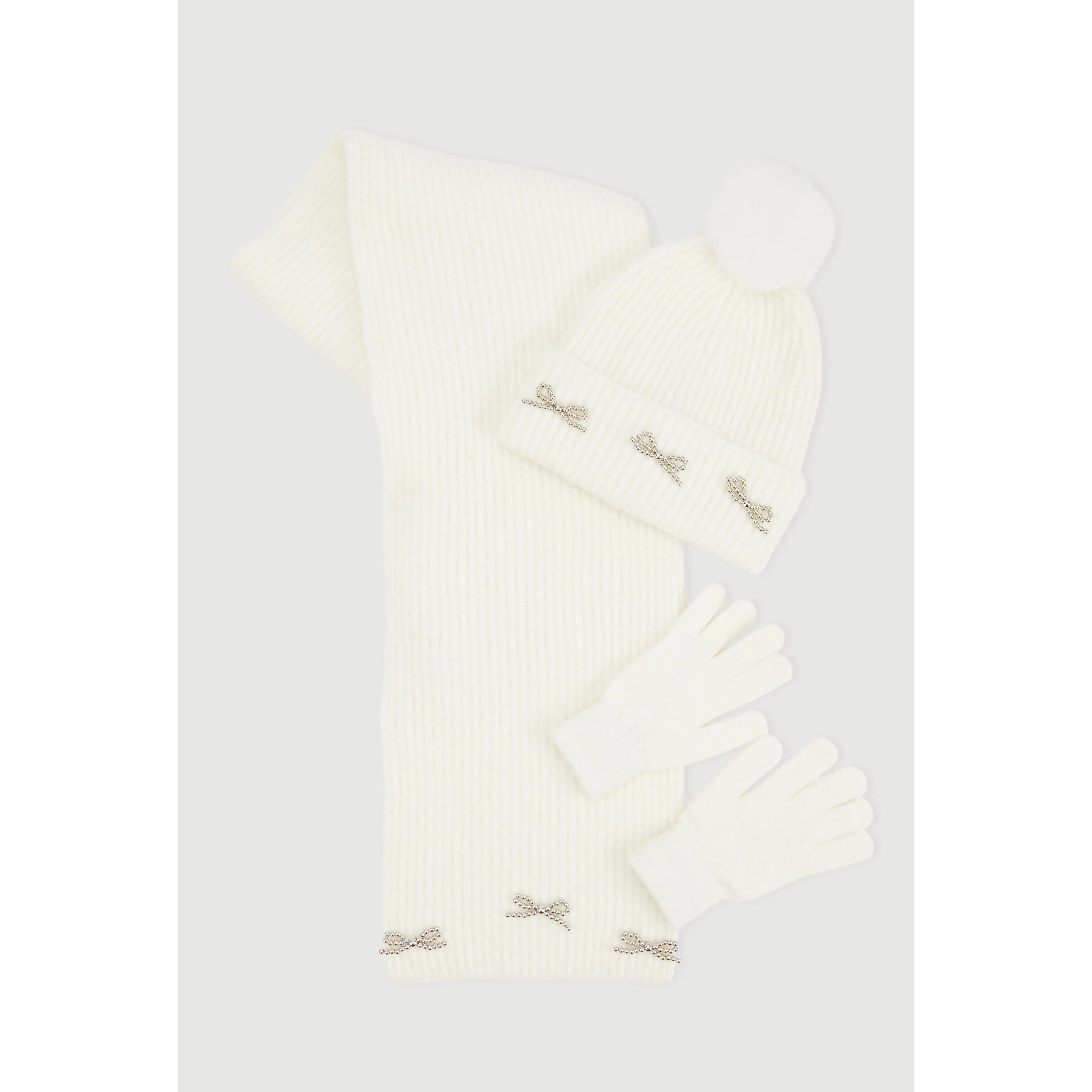 Beaded Bow Detail Scarf and Pom Pom Beanie with Gloves