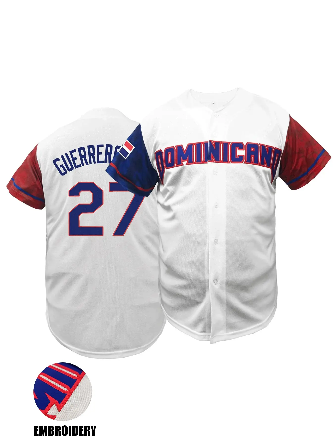 Dominicana #27 Men's Letter & Figure Stitched Contrast Binding Short Sleeve Baseball Jersey, Soccer Jerseys, Loose Casual Button Front Baseball Top for Training & Competition, Baseball Outfielder Equipment