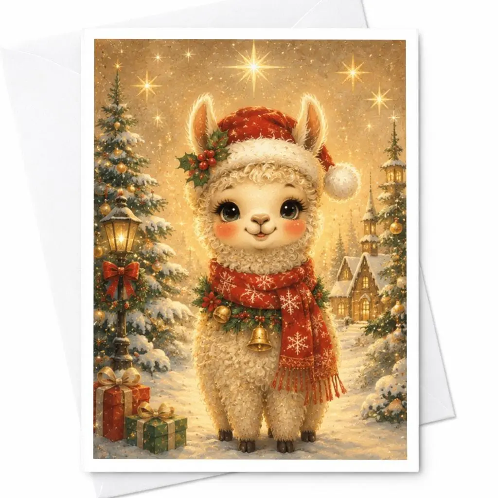Cute Christmas Llama Card Festive Holiday Greeting Card Adorable Animal Christmas Card For Kids Family Winter Scene C4859