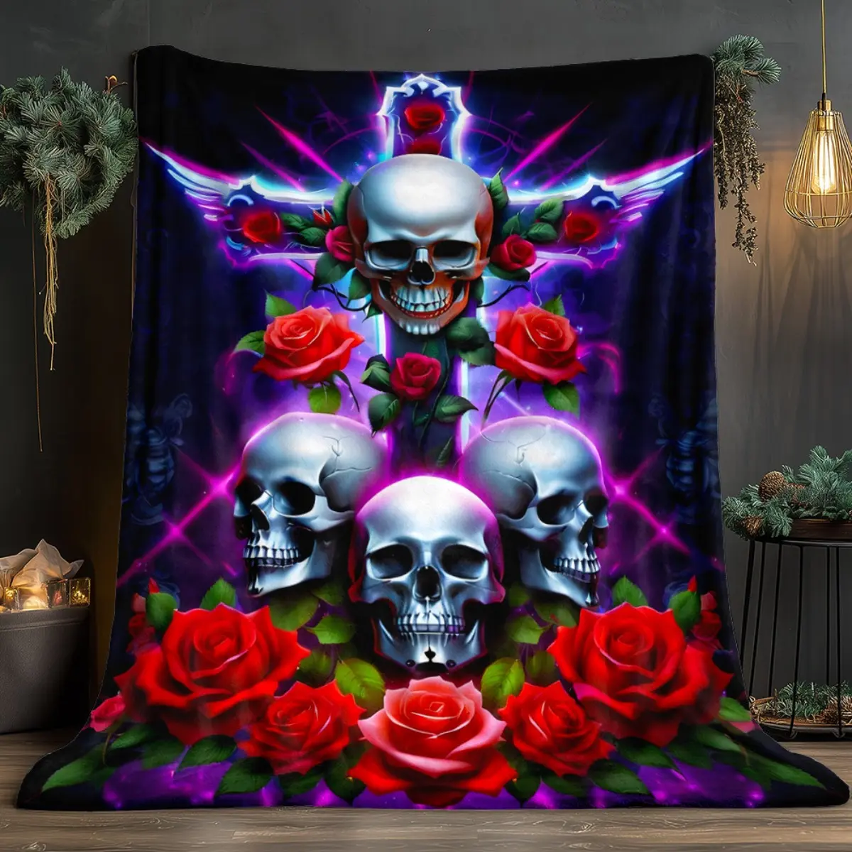 Flannel Throw Blanket - High-Definition Skull & 3D Rose Art Graphic Print, Comfortable Warm Anti-Static Outdoor Blanket, Suitable for Sofa, Bed, Perfect Gift for Family, Outdoor Blankets, 3D Rose Blankets