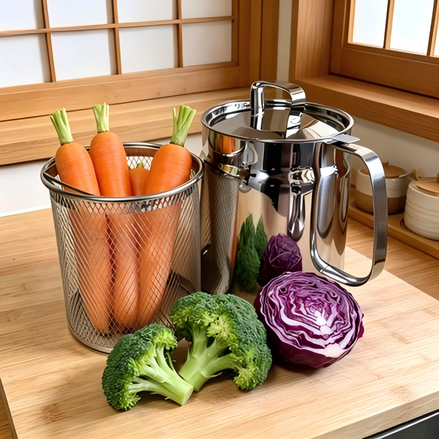 2L/68oz 304 stainless steel oil filtering pot, large-capacity multifunctional oil storage container with strainer and frying basket, suitable for kitchen use and outdoor camping