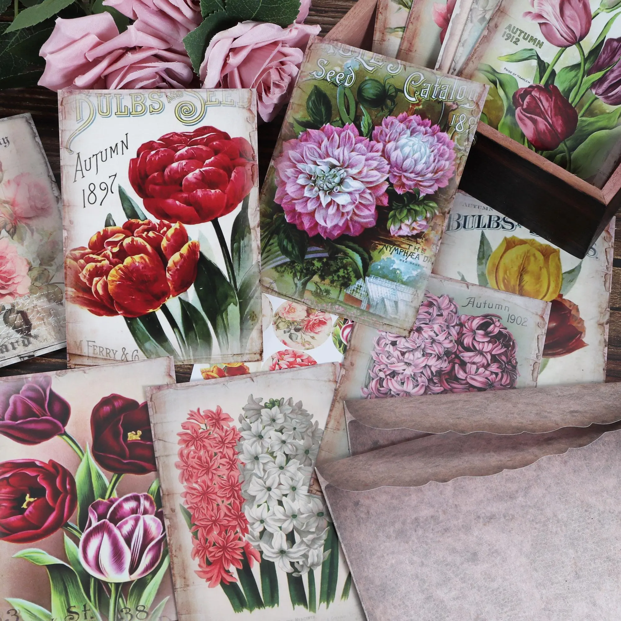 Vintage Blossoming Romantic Theme Writable Postcard Set, 64pcs/set Including 12pcs Cards & 48pcs Sticker & 4 Counts Envelope, Suitable for Blessing Cards, Birthday Card, Scrapbook Supplies, Scrapbook Materials, DIY Crafts, Junk Journal