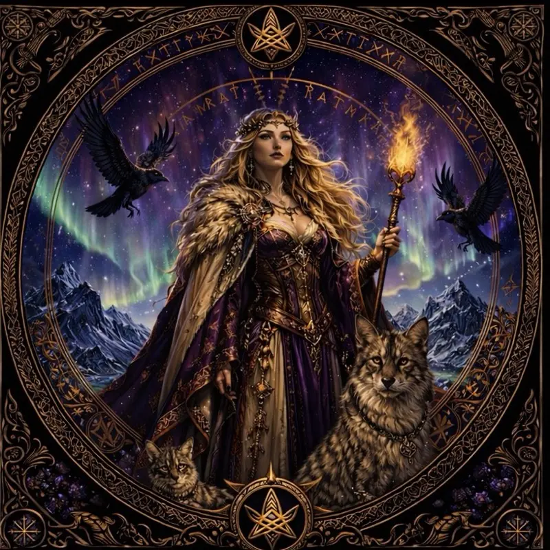 Freya Altar Cloth - Mystical Design with Ravens and Wolf, Perfect for Rituals and Ceremonies