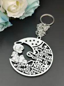 US LUOKASI 12pcs Wood Angel Boy in the Moon Design Silver Shiny Keychain Baptism Favors with Boy Angel Recuerdos de Bautizo With Organza Bags