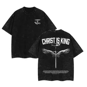 Christ Is King Graphic T-Shirt Vintage Washed Heavyweight Cotton Oversized Tee Sword Angel Wings Crown Christian Apparel Streetwear Jesus Shirt Gym Menswear Acid Wash Men Women Retro Faith Workout Top Dark Aesthetic Trending Summer Outfits Gifts