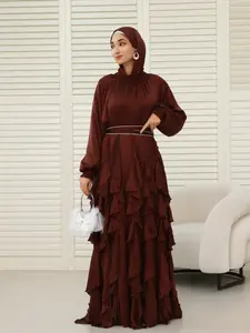 Three-Piece Pleated Satin Dress Set, Crystal Waist Belt & Headpiece Included (ncs015), Elegant Women's Clothing, Modest Muslim Outfits
