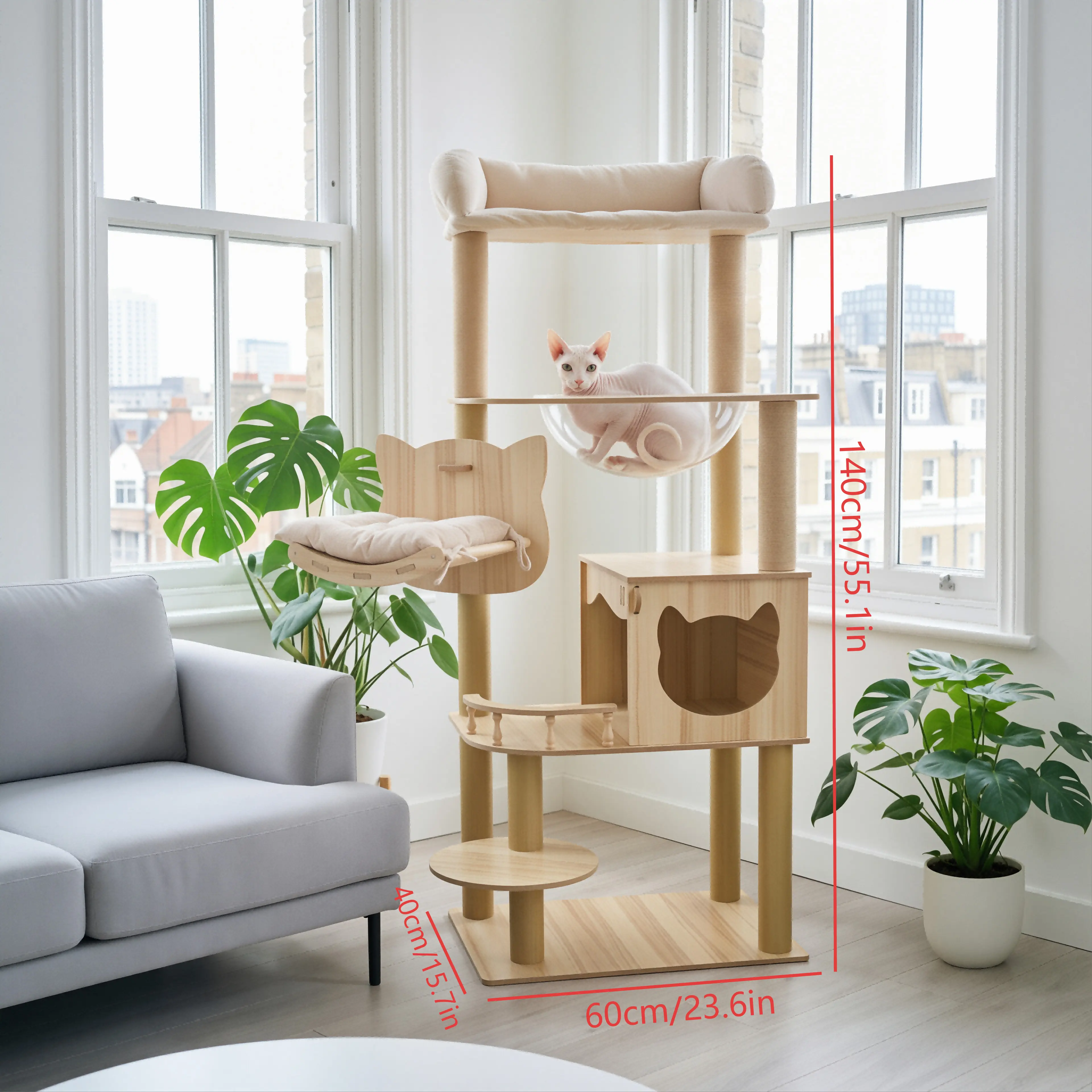 74.8in Tall Luxury 5-Tier Modern Cat Tree with Acrylic Pods, Cozy Hammock, Scratching Posts, Hideaway Condo, Stylish Wooden Multi-Level Play Activity Centre for Indoor Cats
