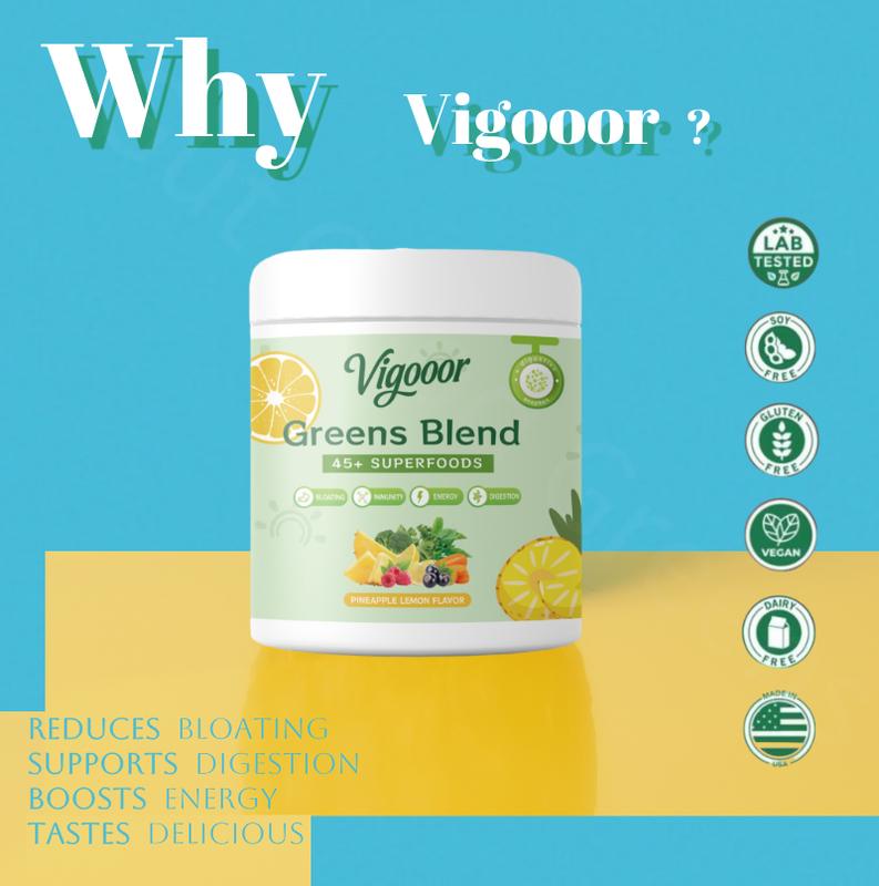 Vigooor New Upgrade, Green Superfood Powder - Digestive Support, Intestinal Health, Relieve Bloating, Contains Probiotics and Antioxidants, No Added Sugar, No Additives, 240 oz Can, One Scoop is about 8 oz, 30 Days, Blender Included (Battery Not Included)