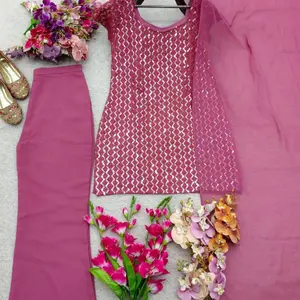 90s Kurta Set in Pure Georgette with 5MM Embroidery Sequence Work for Women