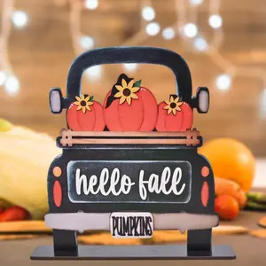 Wooden Pumpkin Car Design Ornament, 1 Count Farm Themed Hello Fall Decorative Ornament, Rustic Home Living Room Decoration for Thanksgiving & Halloween