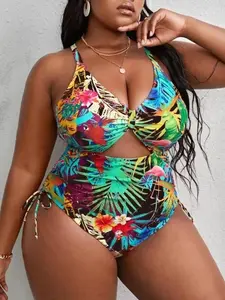 Plus Size Tropical Print Criss Cross Cut Out One-piece Swimsuit, Boho Tie Side Sleeveless Swimwear for Beach Holiday Vacation, Women's Plus Size Swimsuit for Summer, Swim Bodysuit, Bathing Suits, Criss Cross Swimsuits