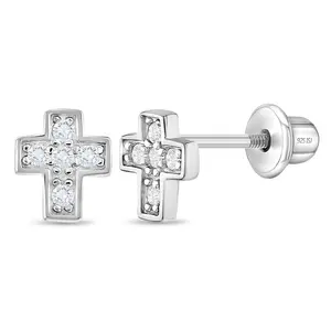 Tiny Classic CZ Cross 6mm Baby / Toddler / Kids Earrings Screw Back - Sterling Silver