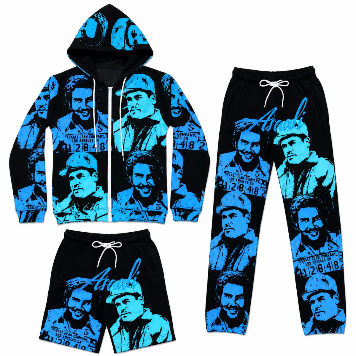 Asa.liii Vintage Mugshot Graphic 3 Piece Tracksuit Set, Zip Up Hoodie Jogger Pants & Shorts, Urban Streetwear Matching Outfit