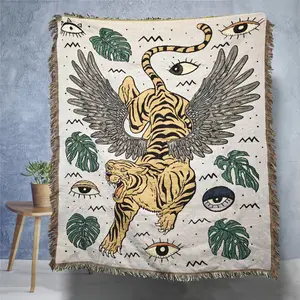 Tiger Pattern Blanket, Bohemian Style Tassel Decor Throw, Soft Warm Napping Blanket for Home Office Travel Camping, Boho Blanket