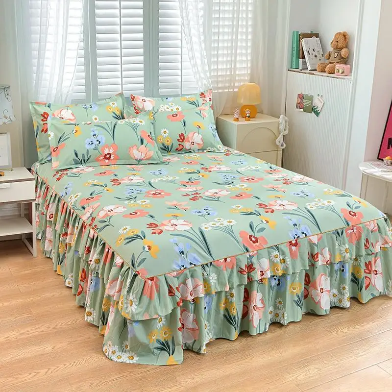 Floral Print Bed Skirt & Pillowcase Set, 3 Counts/set Including 1 Count Bed Skirt & 2 Counts Pillowcase(20*30in) without Filler, Soft Comfortable Bedd