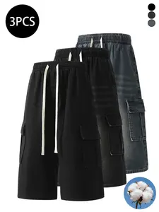 3-pack men’s summer jeans, loose cargo 7/8 denim pants, high cotton content, moisture-wicking and breathable to prevent sweat buildup, retro street style versatile men’s pants