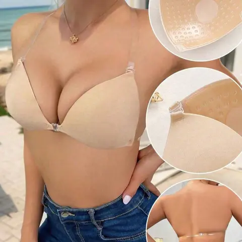 Women's Invisible Seamless Backless Push-Up Fit Lightweight Bra, Bikini Tape, Triangle Cup Thin Strapless, Reusable Silicone Front Clip, Summer Dress Accessory
