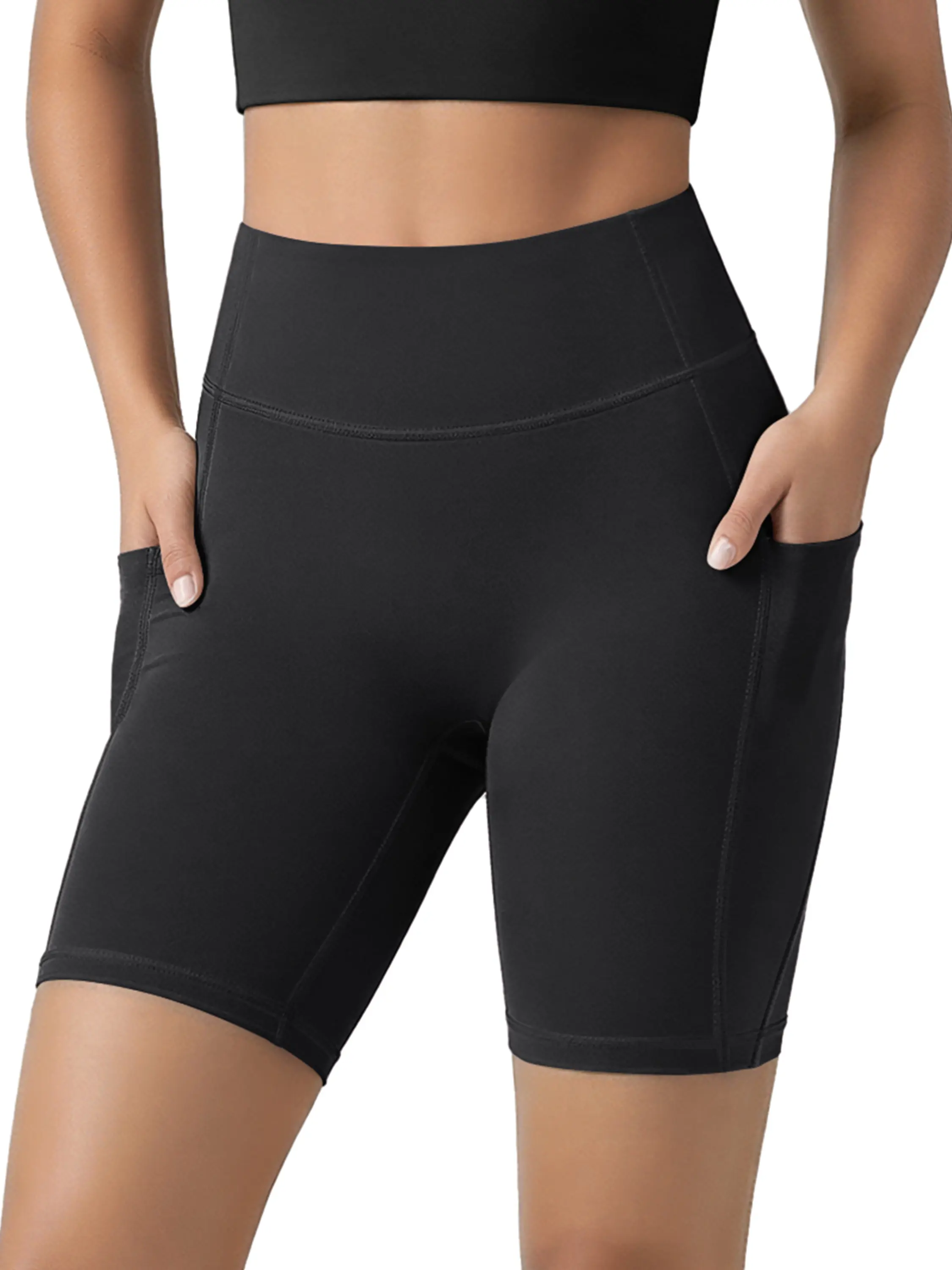 ODODOS Women's Hidden Scrunch Butt Lifting Compression Shorts with Pockets 5"/8" - No Front Seam Tummy Control Biker Shorts