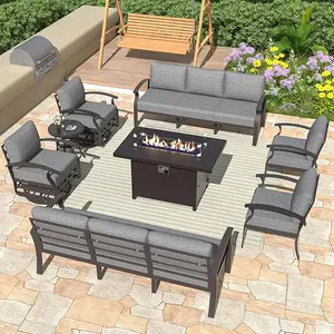 Aluminum Patio Furniture Set with Propane Fire Pit Table Metal Outdoor Furniture w/Fire Pit Patio Sectional w/5.1" Cushions for Patio, Backyard, Poolside