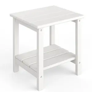 GARVEE Outdoor Adirondack Side Table, HDPE 2-Tier Sturdy Patio End Table, Weather Resistant Square Side Table for Patio, Poolside, Porch, Deck, Indoor, Backyard in White