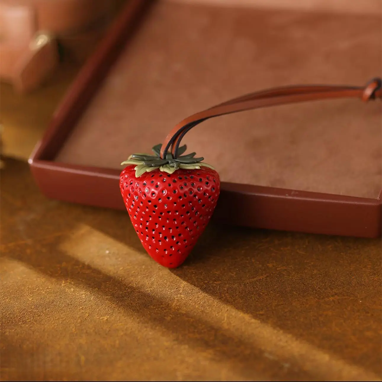 Handmade Resin Strawberry Bag Charm with High-Quality Leather Strap, Unique Personalized Keychain, Daily Use Hanging Decor for Holiday Gifts