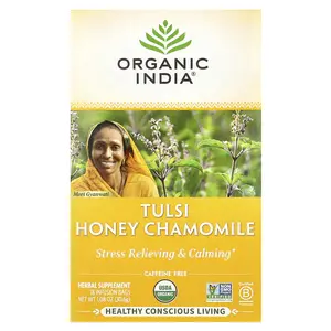 Organic India Tulsi Honey Chamomile Tea, Caffeine-Free, 18 Infusion Bags, 1.08 oz (30.6 g)