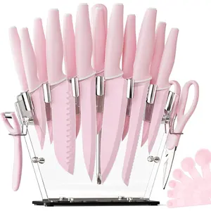 Knife Set with Block and Sharpener, 22 Piece Kitchen Knife Set Dishwasher Safe, Space-Saving Clear Knife Block with Knives for Everyday Home Cooking Pink