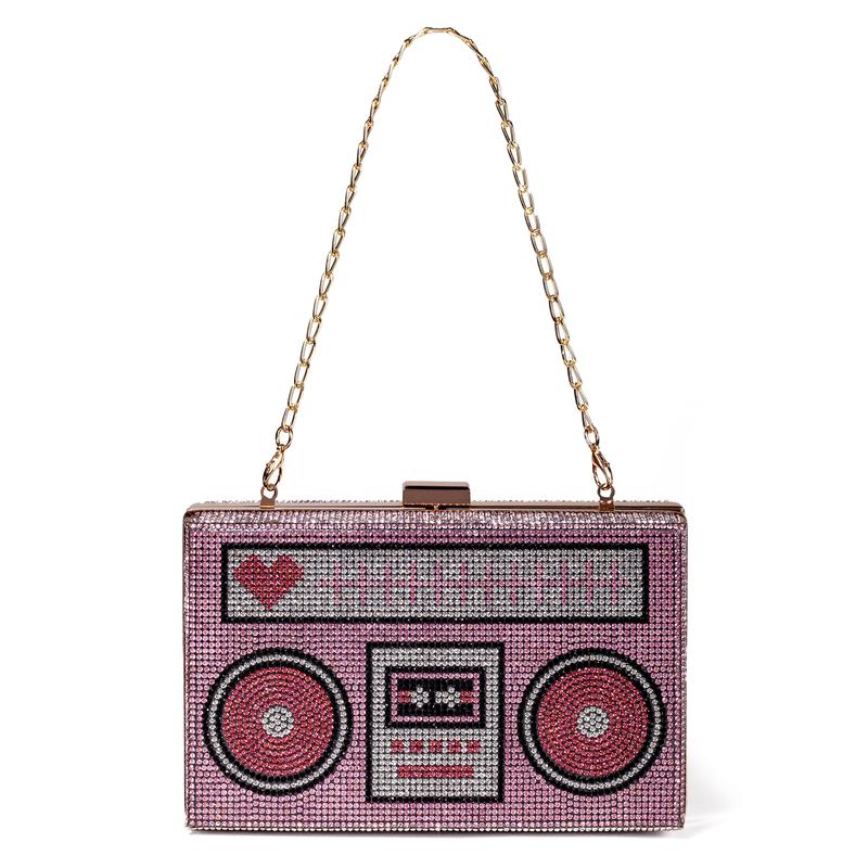 Women Retro Pink Radio Shape Crossbody Bag Rhinestone Metal Vintage Evening Clutch Purses