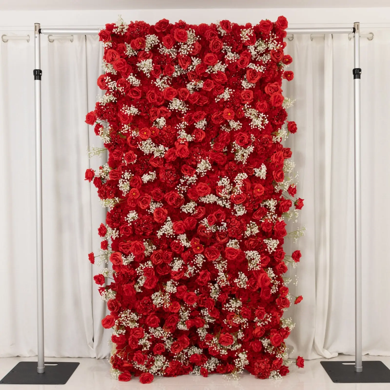 Roll Up Flower Wall Backdrop with Fabric Backing – 8ftx4ft Red Artificial Silk Roses & Baby's Breath, Floral Backdrop, Backdrop Decoration