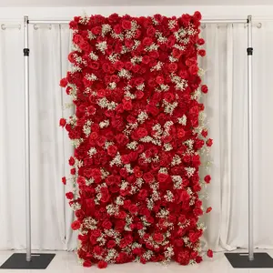 Roll Up Flower Wall Backdrop with Fabric Backing – 8ftx4ft Red Artificial Silk Roses & Baby's Breath