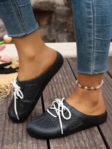 Sweet Style Mesh Cutout Tie Mueller Slippers, Open Toe Outdoor Women's Half Sandals, Comfortable Summer Footwear