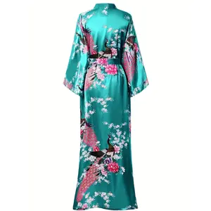 Women's Kimono Robe Long Satin Robes With Peacock And Blossoms Printed Kimono Nightgown