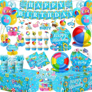 Pool Birthday Party Supplies,Summer Beach Party Decorations Paper Plates,Napkins,Balloon,Banner,Cupcake Topper for Summer Hawaiian Beach Pool Birthday Supplies Serves 24