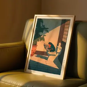 [Sale Up To 50%][No frame, Free Ship] Japanese Frog Poster, Frog Bathroom Print, Hasui Kawase Art, Hiroaki Takahashi Style, Japanese Wall Art, Funny Bathroom Wall Art