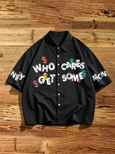 Y2K Money Print Oversized Button Down Shirt for Men Women - Hip Hop Streetwear Graffiti Graphic Short Sleeve Top - Aesthetic Loose Fit Casual Blouse for Summer Parties & Music Festivals